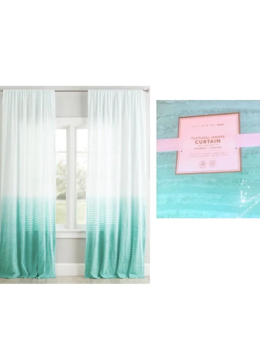 Pottery Barn Teen Textural Ombre Curtain Set Teal White 52 in. x 63 in.